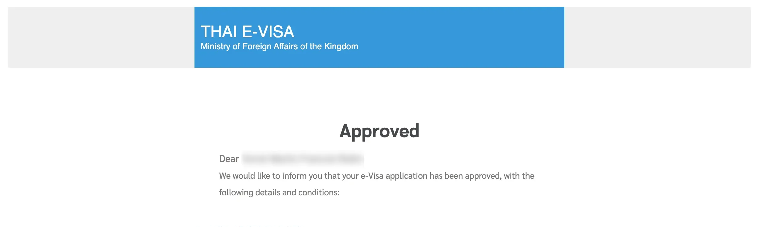 Thai e-Visa approval notice from the Royal Thai Ministry of Foreign Affairs, marked Approved, with applicant details blurred.